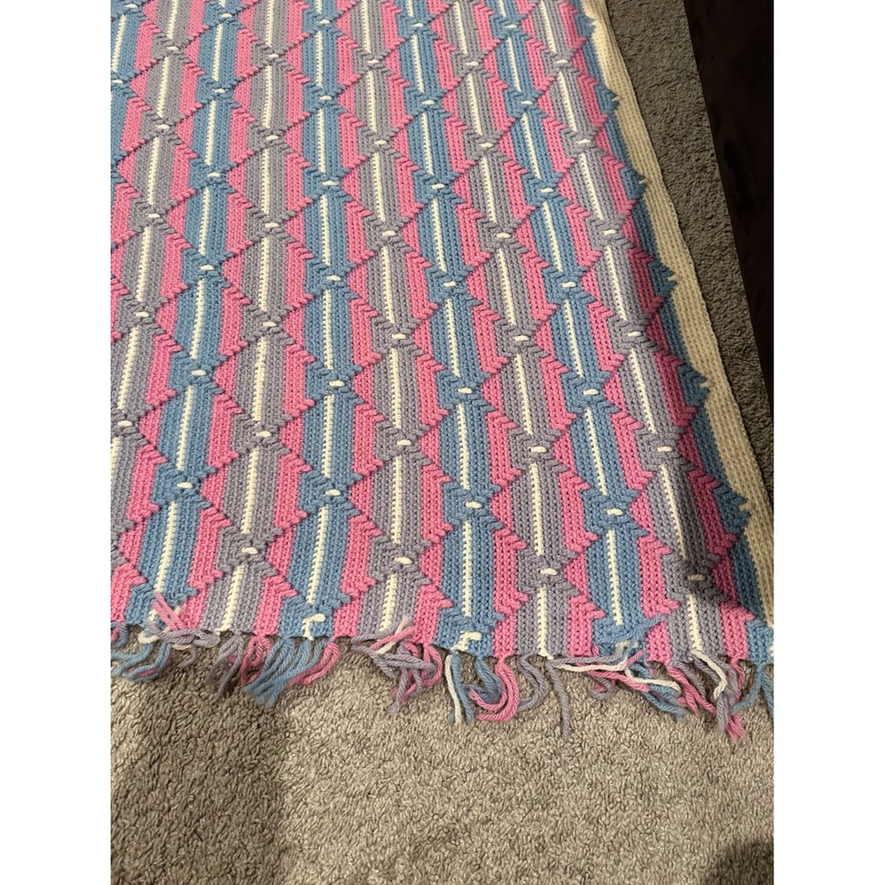 Handmade Crochet Blanket Throw Pink Blue‎ Gray White Striped Afghan Cottage - Picture 2 of 8